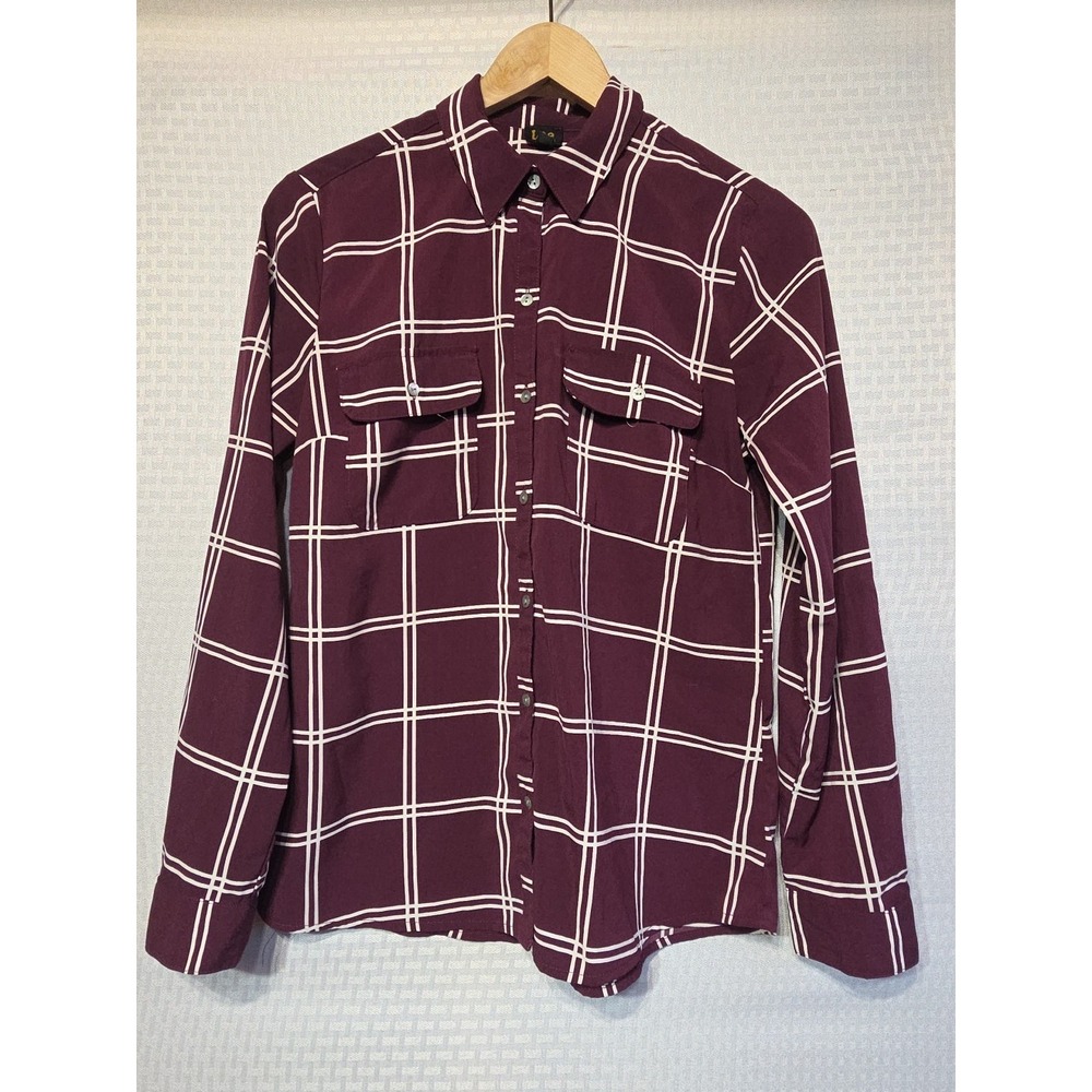 Lee Women's Plaid Button Blouse‎ Pockets Burgundy White Long Sleeve Size SSmall